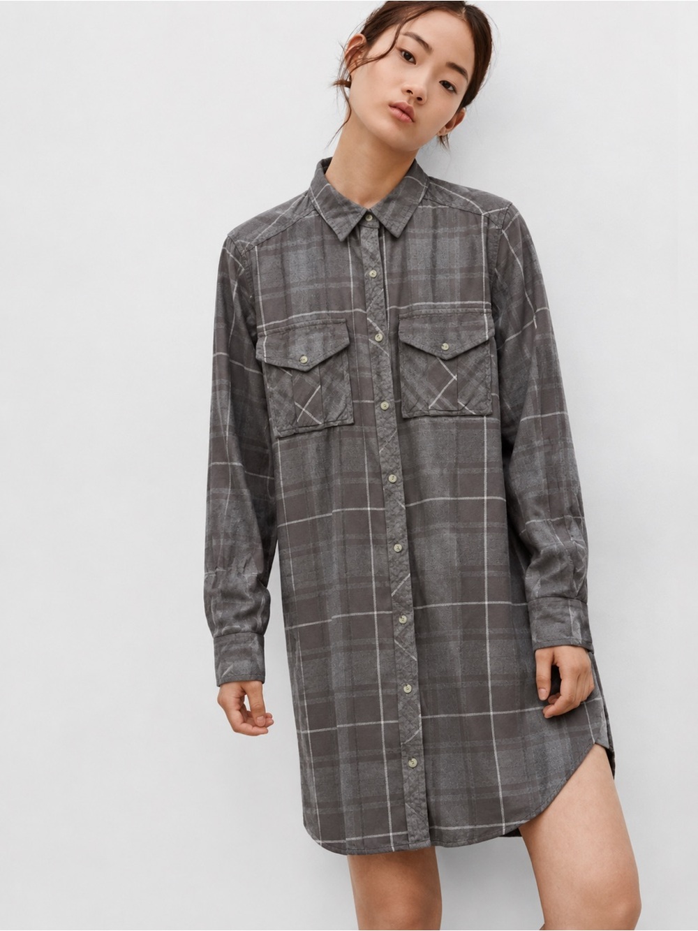 Aritzia Wilfred Free Gray Plaid Veronica Long-Sleeve Shirt Dress - M